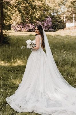 Elegantes weißes A-Linien-Brautkleid aus Tüll mit Blumenmuster, ärmellos, V-Ausschnitt, Spitze