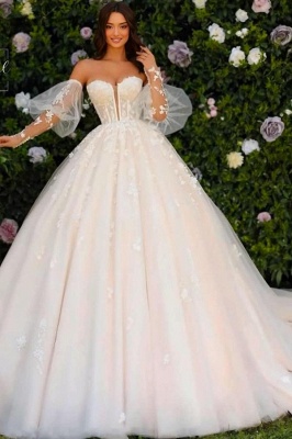 Glamorous Sweetheart White Aline Wedding Dresses with Sleeves Lace Appliques Bridal Dress