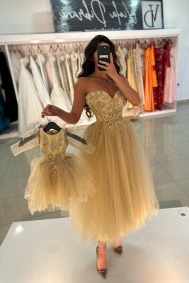 Sweetheart Tulle Tea Length Formal Dress Sleeveless Beadings Evening Party Dress