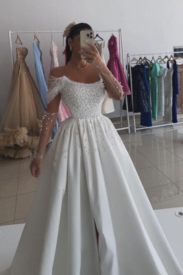 Charming Off Shoulder White Pearls Aline Evening Gowns Satin Floor Length Dress with Front Split