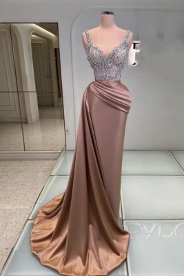 Charming Sparkly Sequins V-Neck Long Evening Dress Sleeveless Satin Prom Dress