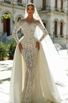 Superbe robe de mariée sirène en dentelle florale à manches longues et col en cœur avec traîne