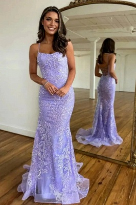 Spaghetti Straps Lilac Lace Long Evening Dress with Flower Appliques