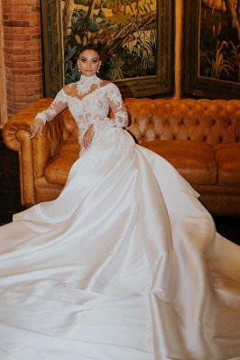 Gorgeous High Neck Floral Lace Long Sleeves Wedding Dresses with Sweep Train Satin Bridal Gown