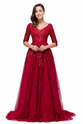 FRANCES | A-Line Floor-Length V-neck Half Sleeves Lace Appliques Prom Dresses_7