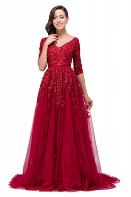 FRANCES | A-Line Floor-Length V-neck Half Sleeves Lace Appliques Prom Dresses_4