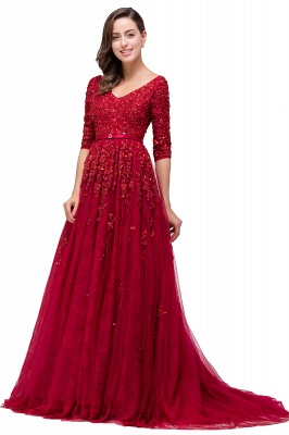 FRANCES | A-Line Floor-Length V-neck Half Sleeves Lace Appliques Prom Dresses_6