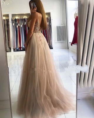 Superbe robe de soirée longue en tulle à bretelles spaghetti avec perles et perles Robe de soirée à col en V_4