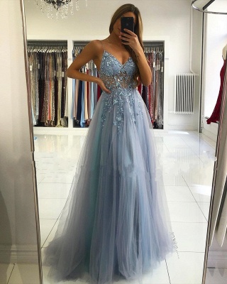 Superbe robe de soirée longue en tulle à bretelles spaghetti avec perles et perles Robe de soirée à col en V_2