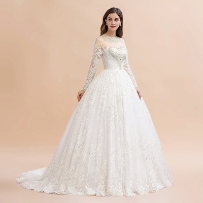 Elegant White Long Sleeve Tulle Lace Appliques Bridal Gowns_6