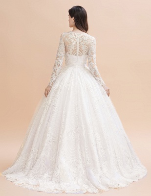 Elegant White Long Sleeve Tulle Lace Appliques Bridal Gowns_2