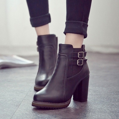 PU Buckle Round Toe Chunky Heel Boot_5