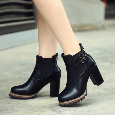 PU Buckle Round Toe Chunky Heel Boot_2