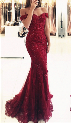 Robe de soirée glamour sirène rouge avec appliques en dentelle à épaules dénudées_3