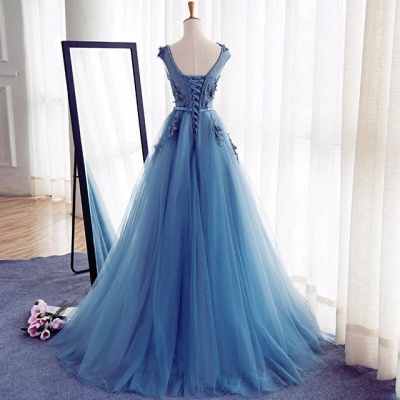 Elegant Illusion Sleeveless Lace Appliques Custom Made A-line Lace-up Prom Dresses_3