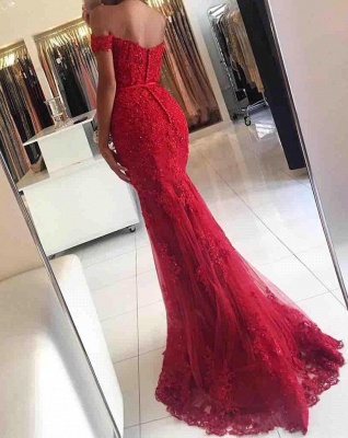 Robe de soirée glamour sirène rouge avec appliques en dentelle à épaules dénudées_7