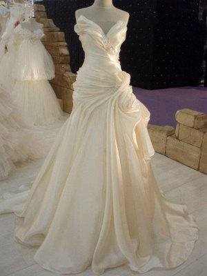 Ruffles Cream Satin Wedding Dress with Beadings Elegant Long Bridal Dress JT067a_1