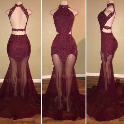 Sirène Dentelle Appliques Sheer-Tulle Bordeaux Col Haut Longues Robes De Bal Pas Cher BA7713_3