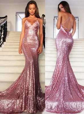 Sexy Pink Sequined Mermaid Sleeveless Spaghetti Strap Prom Dress_2