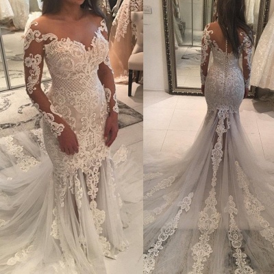 Elegant New Arrival Long Sleeve Mermaid Wedding Dresses | Long Train Online  Bridal Gowns_6