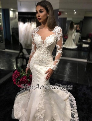 Mermaid Appliques Tulle Mermaid Charming Sheer Tulle Long Sleeves Bridal Dresses_1