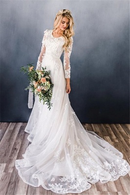 Elegant Appliques A-line Ruffles Wedding Dresses | Lace Long Sleeve ...