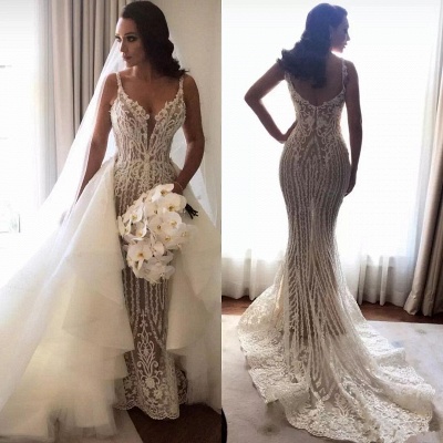 Gorgeous Mermaid Wedding Dresses with Detachable Train | Straps Sexy Sleeveless   Bridal Dresses_4