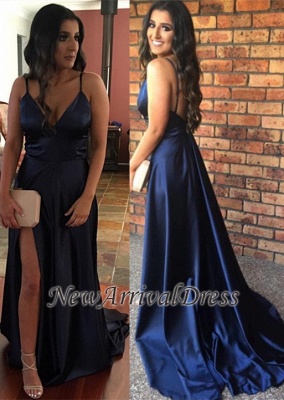 Navy-Blue Newest Sleeveless Open-Back Side-Slit V-Neck Prom Dress BA6338_3