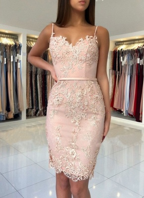 Elegant Pink Sheath Short Homecoming Dresses  Spaghetti-Strap Sexy Sleeveless Cocktail Dresses_1