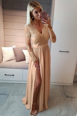 Sexy Slit Long Sleeve Formal Dress Online |  Black Lace V-neck Prom Dresses FB0191_4