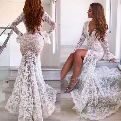 Robe de bal sexy en dentelle à manches longues pas cher | Col en V longues robes de soirée formelles avec fente_4